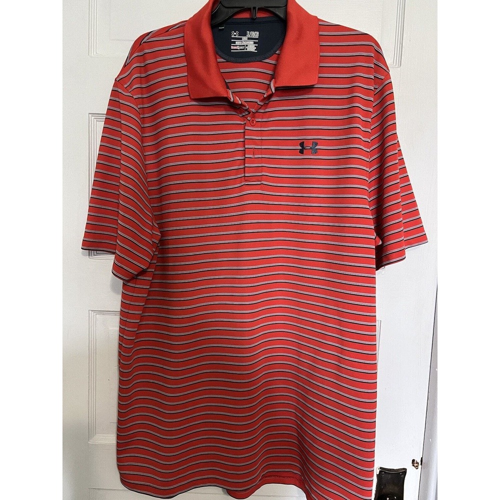Under Armour Mens Polo Shirt XL Heat Gear Loose Fit Red Stripe